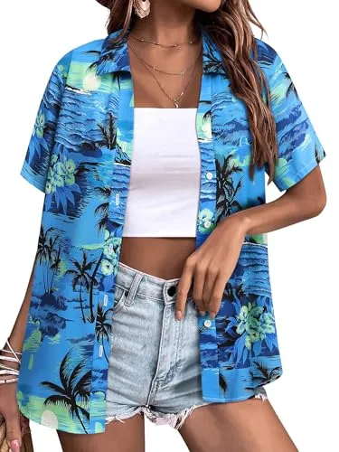 Womens Button Down Hawaiian Shirts Short Sleeve Floral Print Summer V Neck T-Shirt Casual Summer Beach Blouses Tops