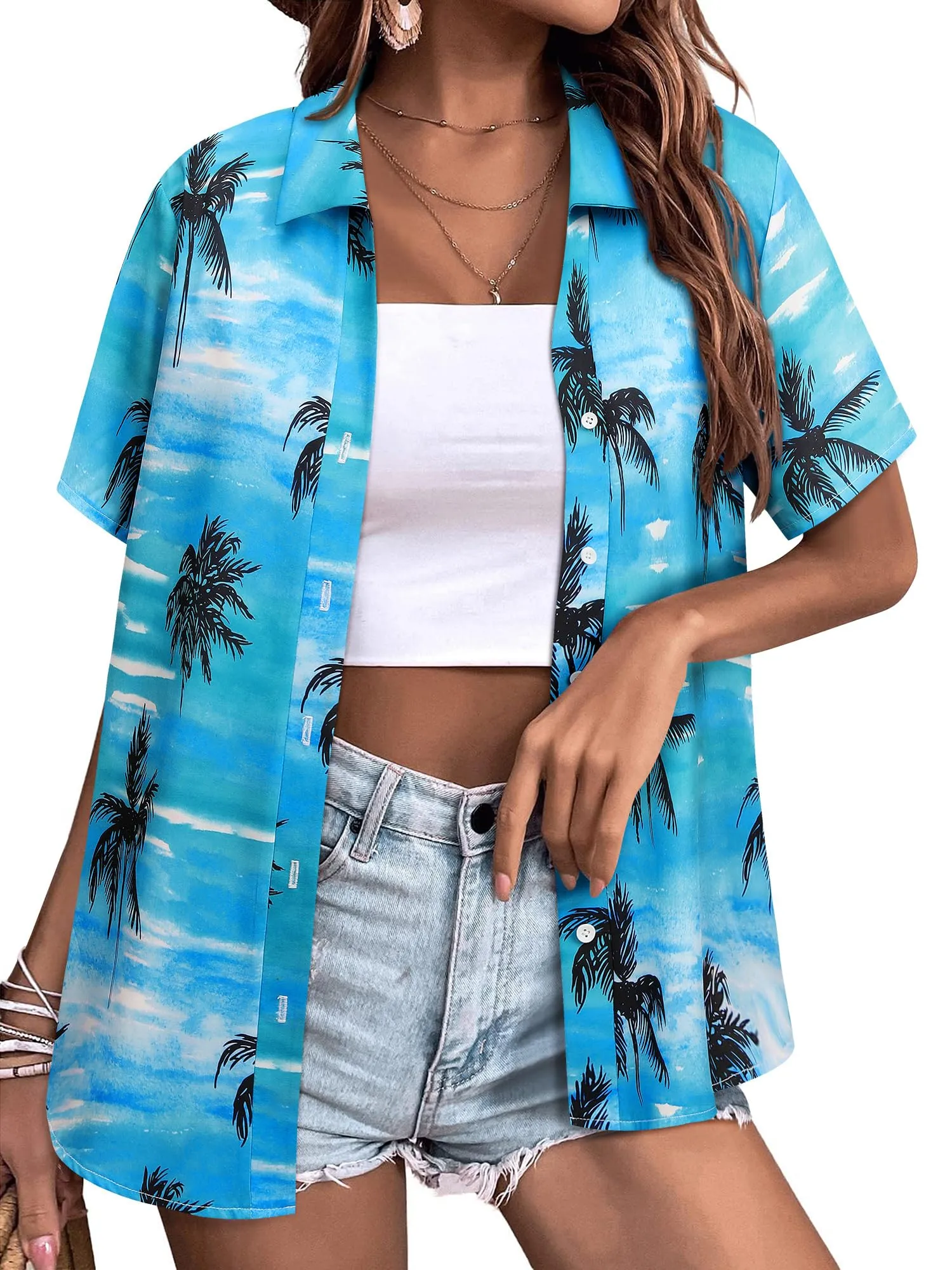 Womens Button Down Hawaiian Shirts Short Sleeve Floral Print Summer V Neck T-Shirt Casual Summer Beach Blouses Tops