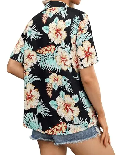 Womens Button Down Hawaiian Shirts Short Sleeve Floral Print Summer V Neck T-Shirt Casual Summer Beach Blouses Tops