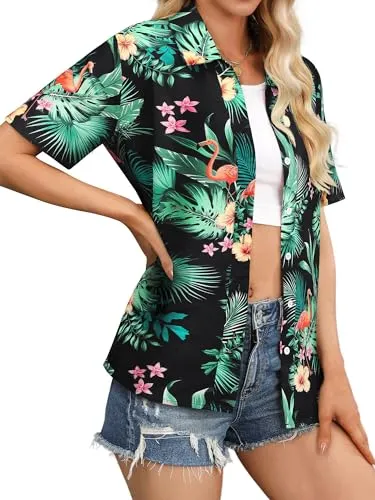 Womens Button Down Hawaiian Shirts Short Sleeve Floral Print Summer V Neck T-Shirt Casual Summer Beach Blouses Tops