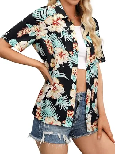Womens Button Down Hawaiian Shirts Short Sleeve Floral Print Summer V Neck T-Shirt Casual Summer Beach Blouses Tops