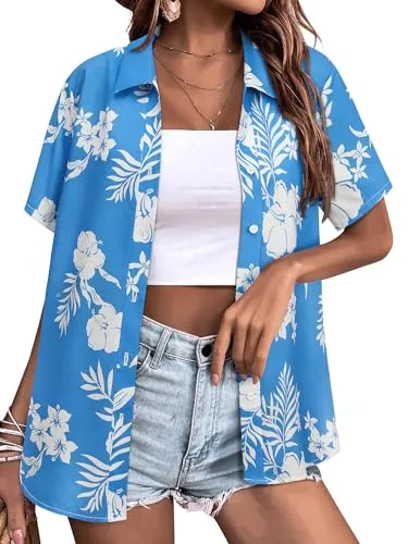 Womens Button Down Hawaiian Shirts Short Sleeve Floral Print Summer V Neck T-Shirt Casual Summer Beach Blouses Tops