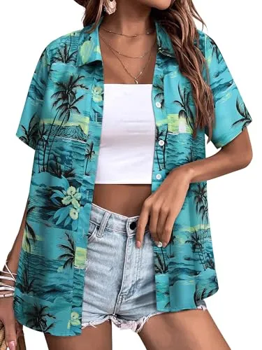 Womens Button Down Hawaiian Shirts Short Sleeve Floral Print Summer V Neck T-Shirt Casual Summer Beach Blouses Tops