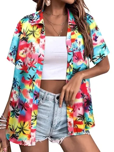 Womens Button Down Hawaiian Shirts Short Sleeve Floral Print Summer V Neck T-Shirt Casual Summer Beach Blouses Tops