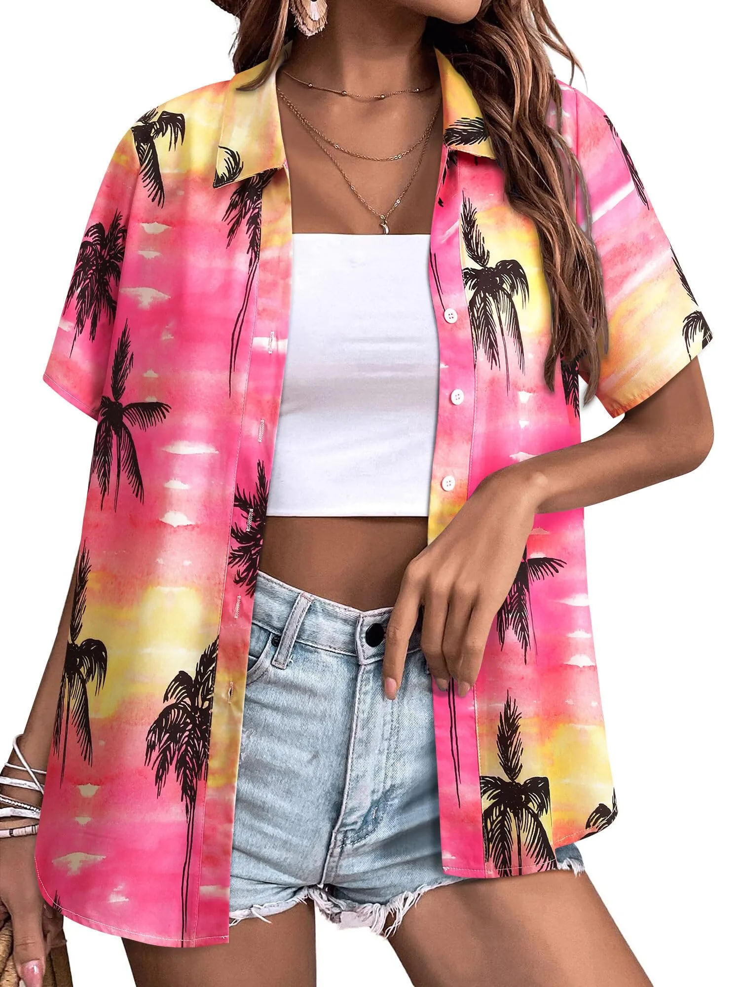 Womens Button Down Hawaiian Shirts Short Sleeve Floral Print Summer V Neck T-Shirt Casual Summer Beach Blouses Tops