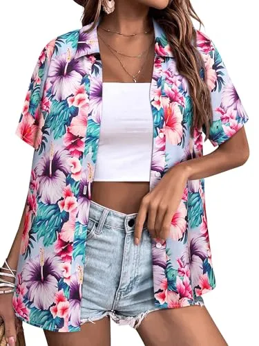 Womens Button Down Hawaiian Shirts Short Sleeve Floral Print Summer V Neck T-Shirt Casual Summer Beach Blouses Tops