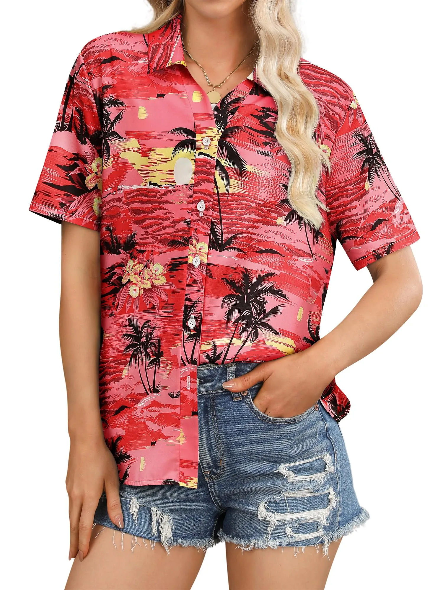 Womens Button Down Hawaiian Shirts Short Sleeve Floral Print Summer V Neck T-Shirt Casual Summer Beach Blouses Tops
