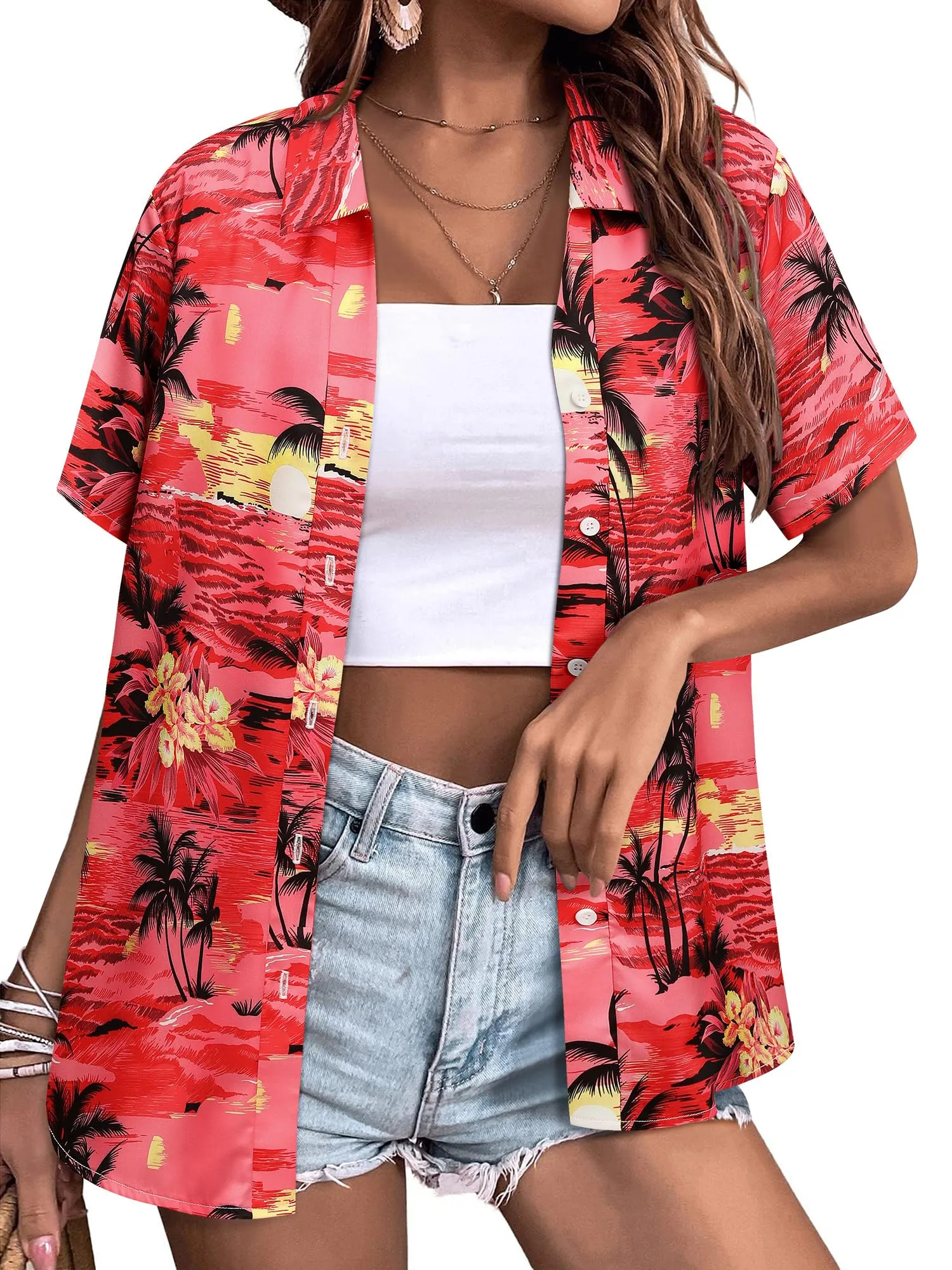 Womens Button Down Hawaiian Shirts Short Sleeve Floral Print Summer V Neck T-Shirt Casual Summer Beach Blouses Tops