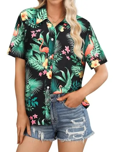 Womens Button Down Hawaiian Shirts Short Sleeve Floral Print Summer V Neck T-Shirt Casual Summer Beach Blouses Tops