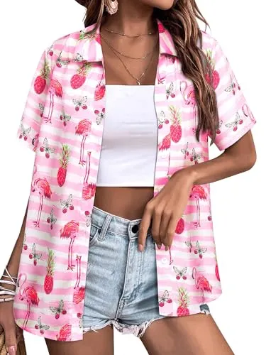 Womens Button Down Hawaiian Shirts Short Sleeve Floral Print Summer V Neck T-Shirt Casual Summer Beach Blouses Tops