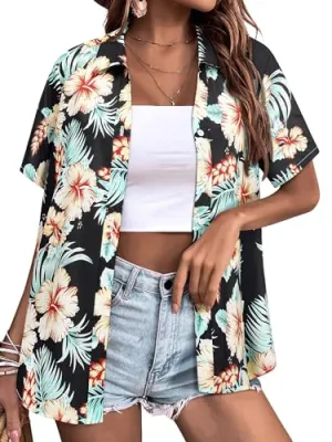 Womens Button Down Hawaiian Shirts Short Sleeve Floral Print Summer V Neck T-Shirt Casual Summer Beach Blouses Tops
