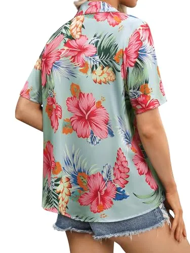 Womens Button Down Hawaiian Shirts Short Sleeve Floral Print Summer V Neck T-Shirt Casual Summer Beach Blouses Tops