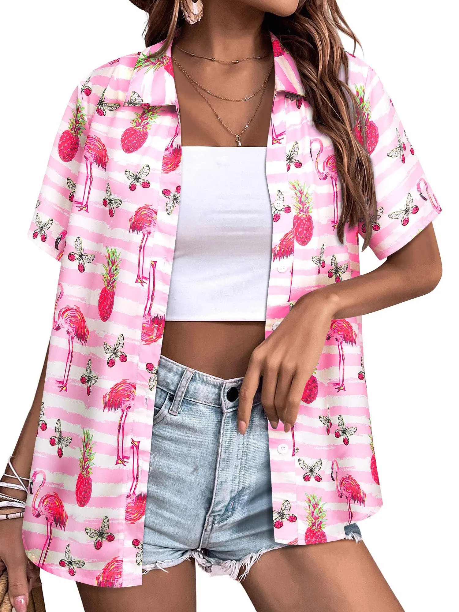 Womens Button Down Hawaiian Shirts Short Sleeve Floral Print Summer V Neck T-Shirt Casual Summer Beach Blouses Tops