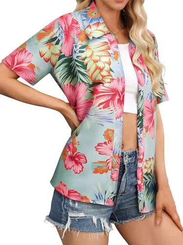 Womens Button Down Hawaiian Shirts Short Sleeve Floral Print Summer V Neck T-Shirt Casual Summer Beach Blouses Tops