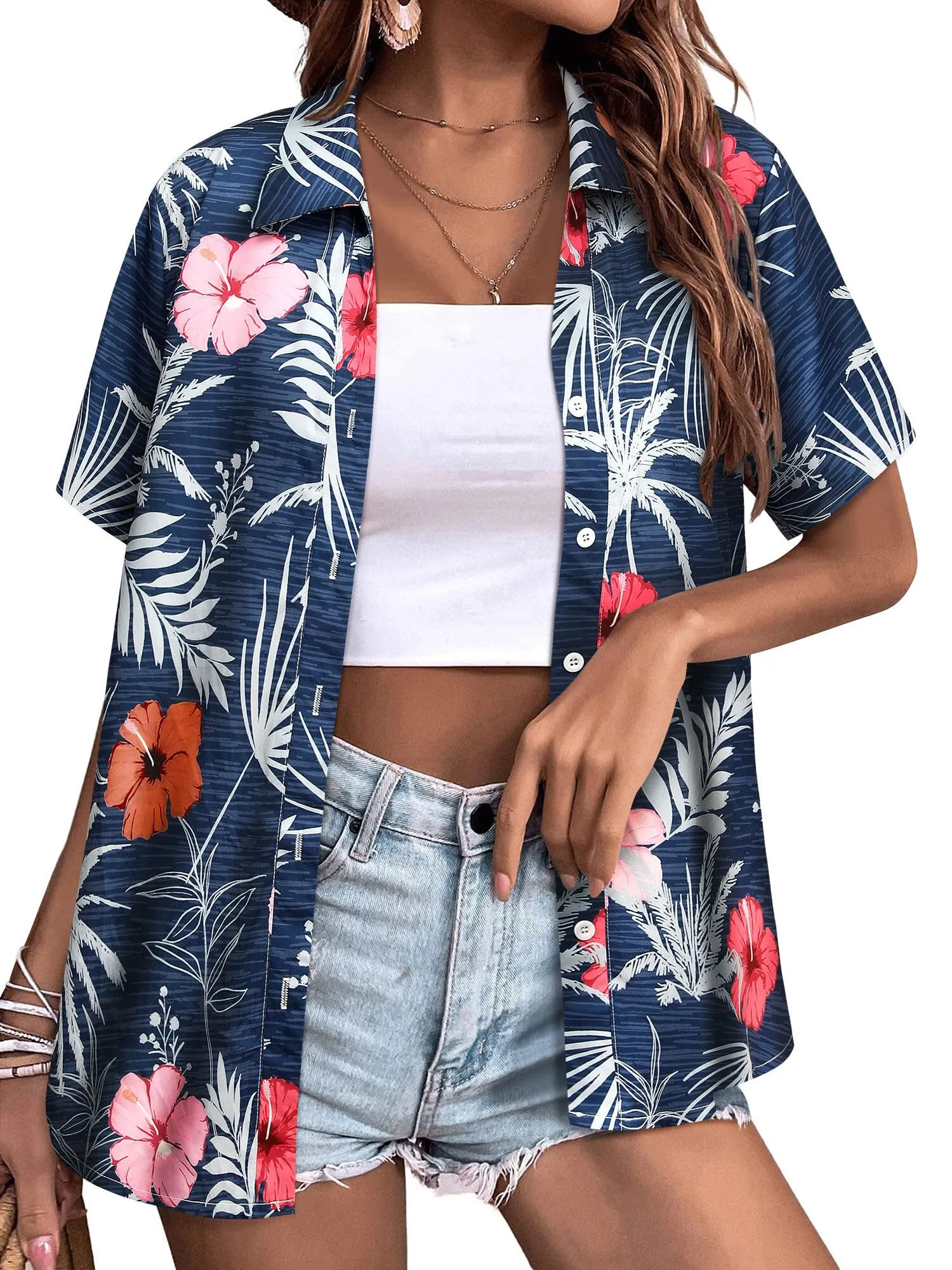 Womens Button Down Hawaiian Shirts Short Sleeve Floral Print Summer V Neck T-Shirt Casual Summer Beach Blouses Tops
