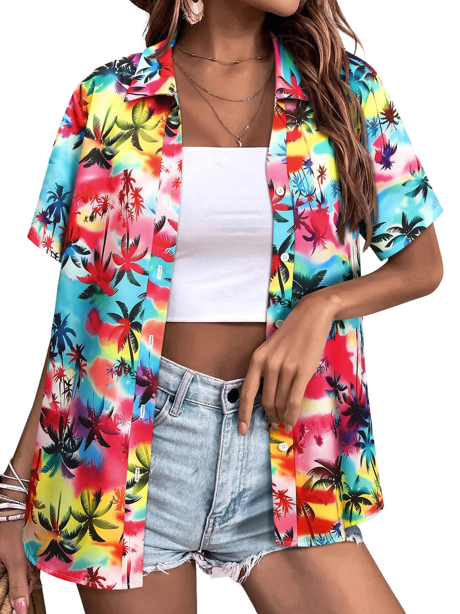Womens Button Down Hawaiian Shirts Short Sleeve Floral Print Summer V Neck T-Shirt Casual Summer Beach Blouses Tops