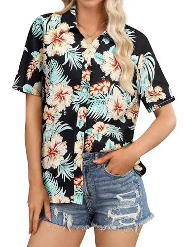 Womens Button Down Hawaiian Shirts Short Sleeve Floral Print Summer V Neck T-Shirt Casual Summer Beach Blouses Tops