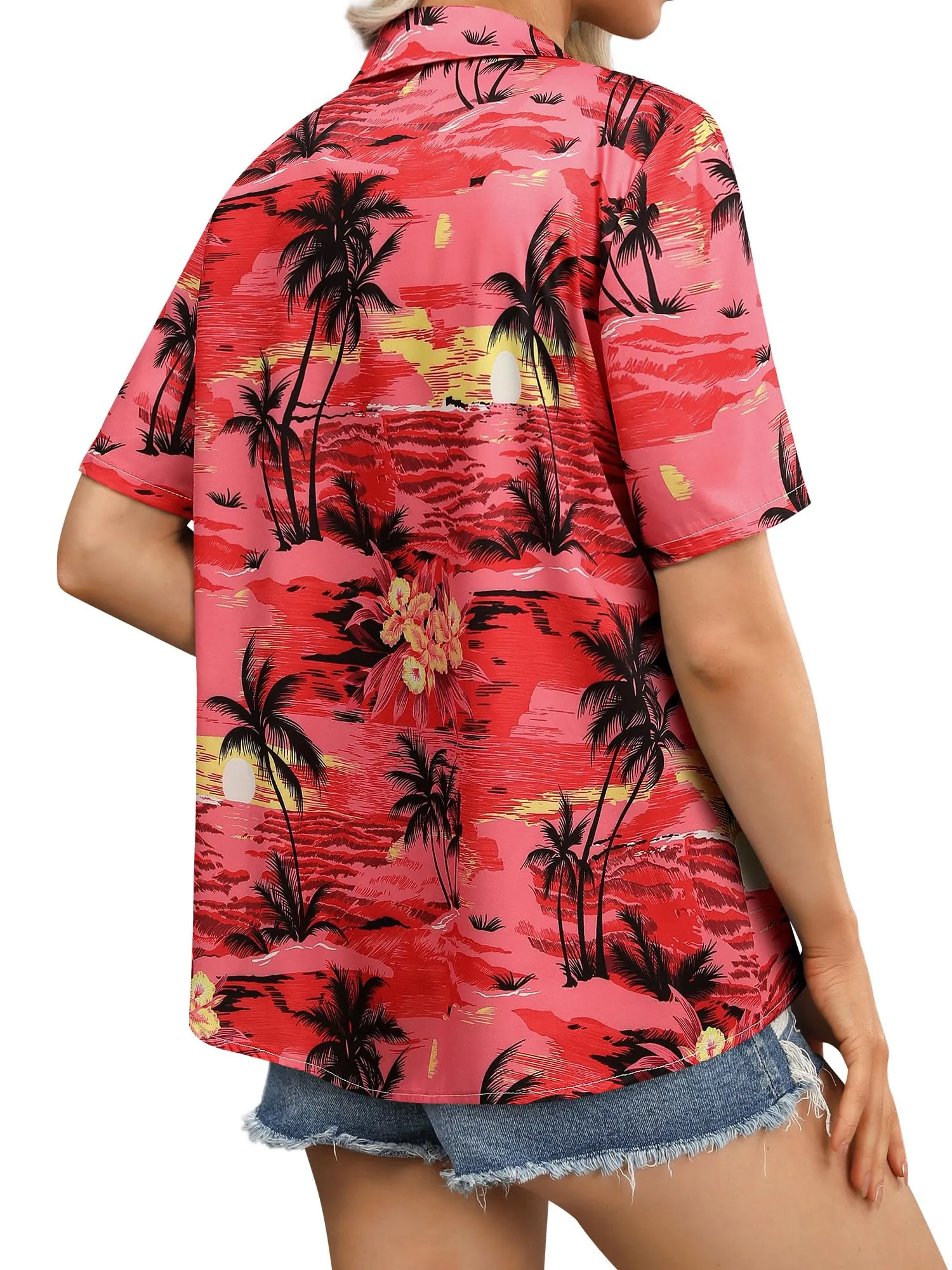 Womens Button Down Hawaiian Shirts Short Sleeve Floral Print Summer V Neck T-Shirt Casual Summer Beach Blouses Tops