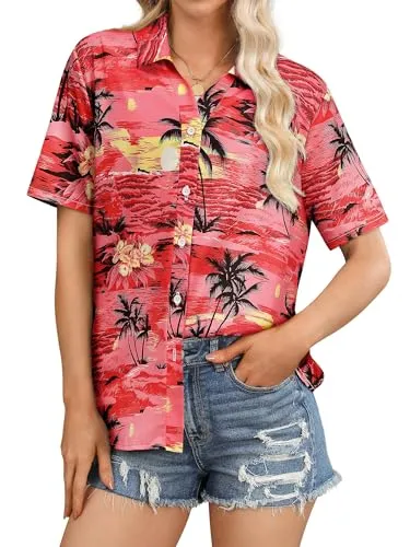Womens Button Down Hawaiian Shirts Short Sleeve Floral Print Summer V Neck T-Shirt Casual Summer Beach Blouses Tops