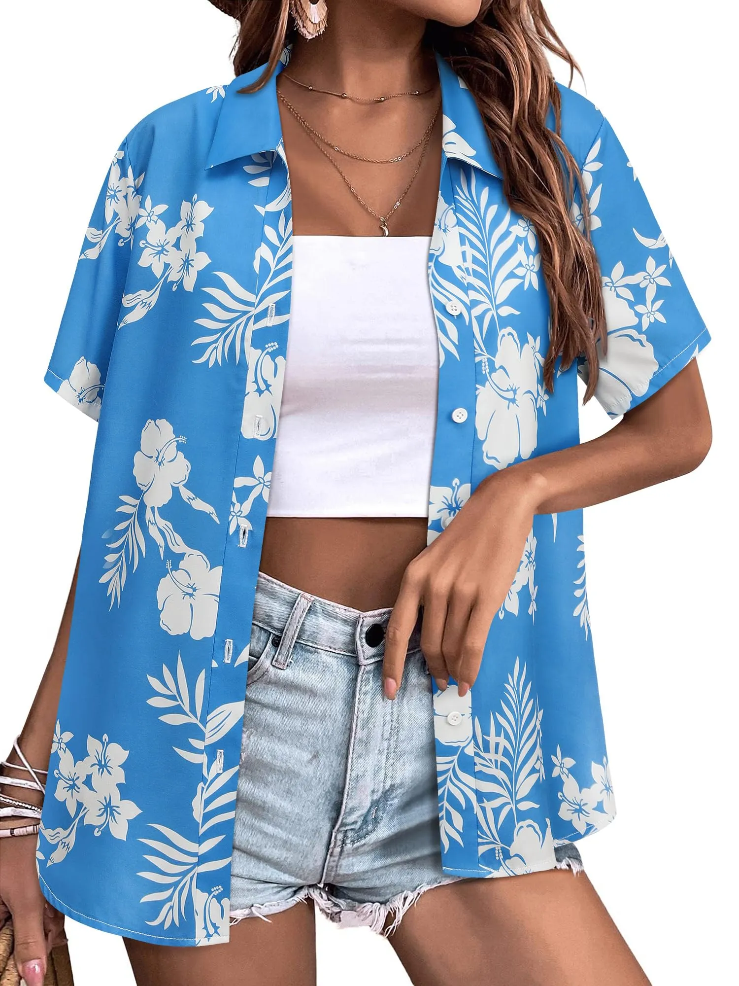 Womens Button Down Hawaiian Shirts Short Sleeve Floral Print Summer V Neck T-Shirt Casual Summer Beach Blouses Tops