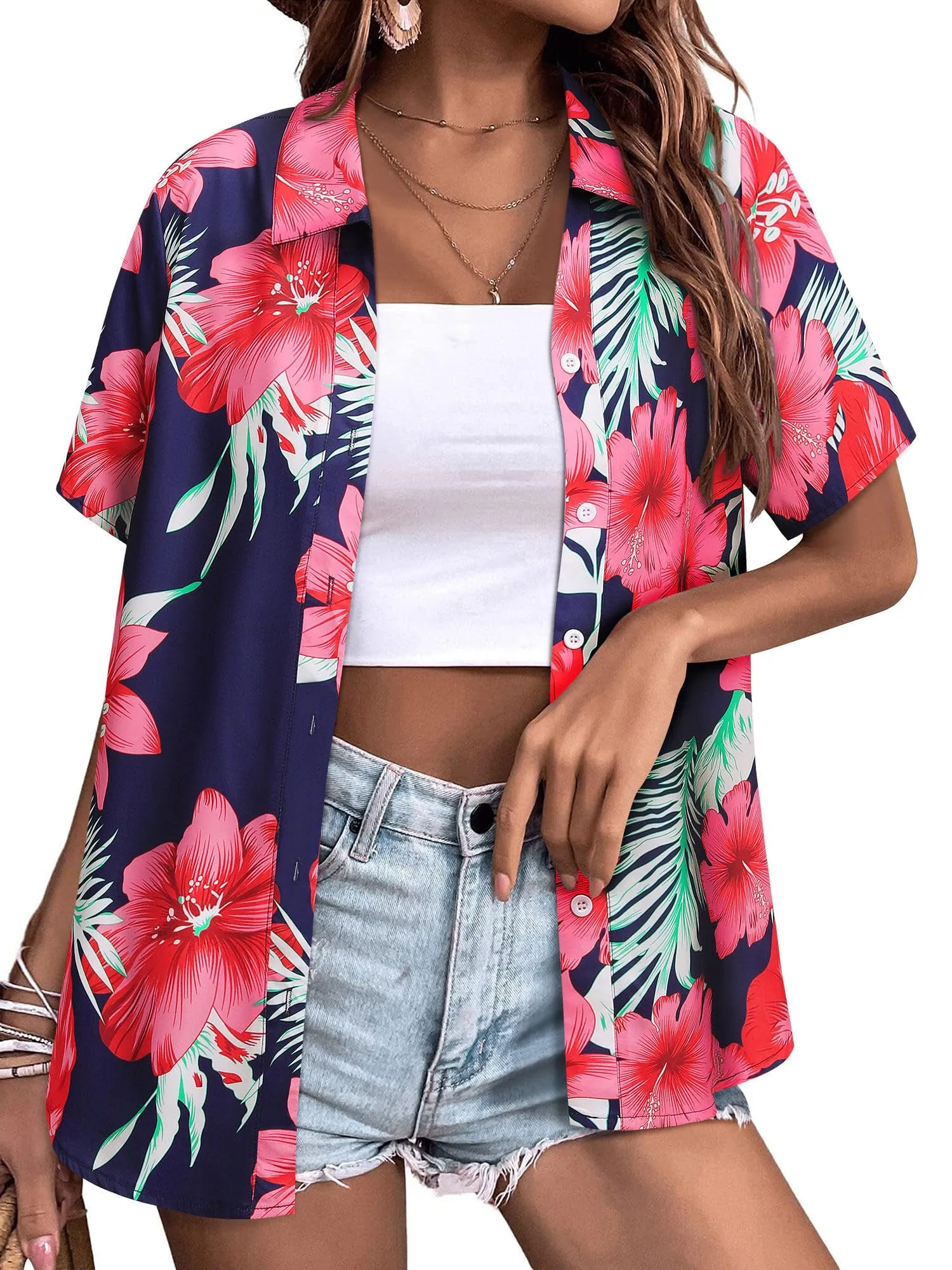 Womens Button Down Hawaiian Shirts Short Sleeve Floral Print Summer V Neck T-Shirt Casual Summer Beach Blouses Tops