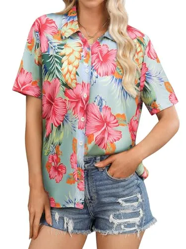 Womens Button Down Hawaiian Shirts Short Sleeve Floral Print Summer V Neck T-Shirt Casual Summer Beach Blouses Tops