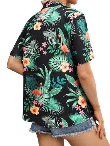 Womens Button Down Hawaiian Shirts Short Sleeve Floral Print Summer V Neck T-Shirt Casual Summer Beach Blouses Tops