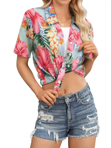 Womens Button Down Hawaiian Shirts Short Sleeve Floral Print Summer V Neck T-Shirt Casual Summer Beach Blouses Tops