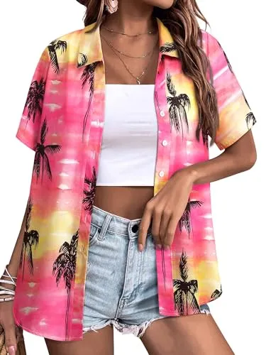 Womens Button Down Hawaiian Shirts Short Sleeve Floral Print Summer V Neck T-Shirt Casual Summer Beach Blouses Tops