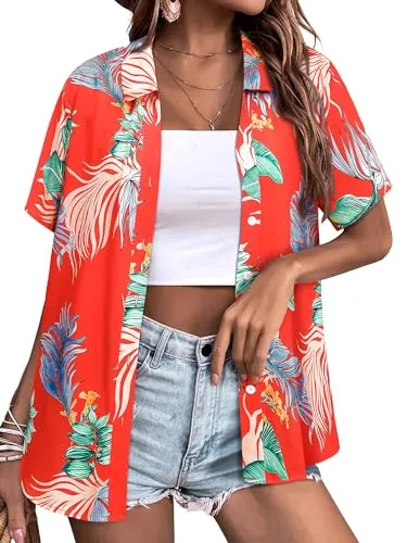 Womens Button Down Hawaiian Shirts Short Sleeve Floral Print Summer V Neck T-Shirt Casual Summer Beach Blouses Tops