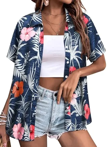 Womens Button Down Hawaiian Shirts Short Sleeve Floral Print Summer V Neck T-Shirt Casual Summer Beach Blouses Tops