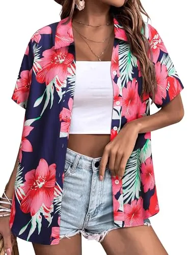 Womens Button Down Hawaiian Shirts Short Sleeve Floral Print Summer V Neck T-Shirt Casual Summer Beach Blouses Tops