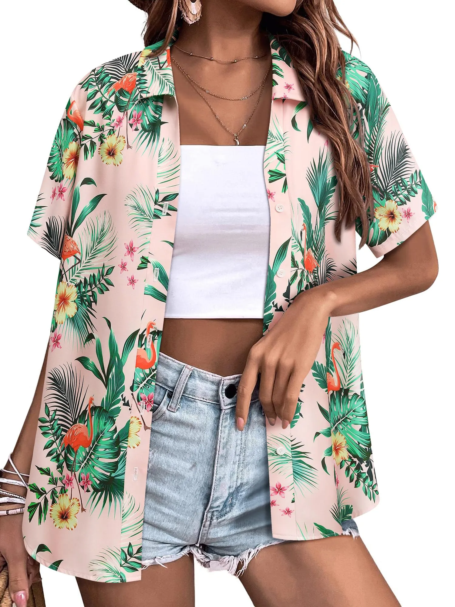 Womens Button Down Hawaiian Shirts Short Sleeve Floral Print Summer V Neck T-Shirt Casual Summer Beach Blouses Tops