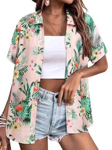 Womens Button Down Hawaiian Shirts Short Sleeve Floral Print Summer V Neck T-Shirt Casual Summer Beach Blouses Tops