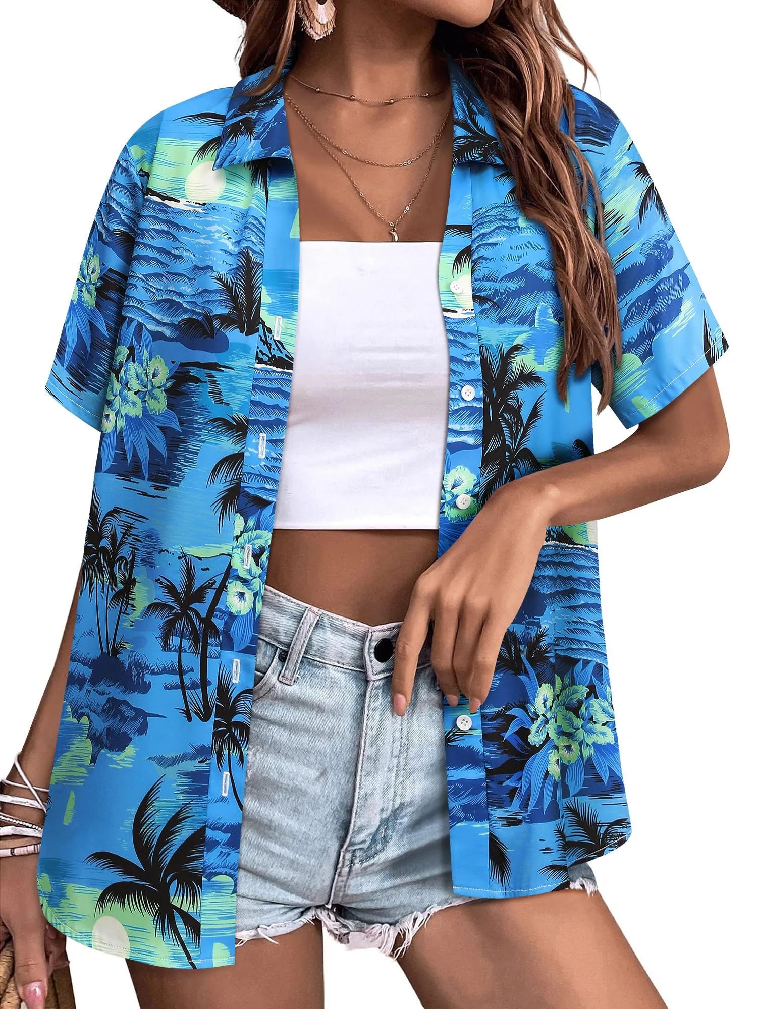 Womens Button Down Hawaiian Shirts Short Sleeve Floral Print Summer V Neck T-Shirt Casual Summer Beach Blouses Tops