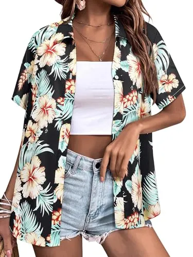 Womens Button Down Hawaiian Shirts Short Sleeve Floral Print Summer V Neck T-Shirt Casual Summer Beach Blouses Tops