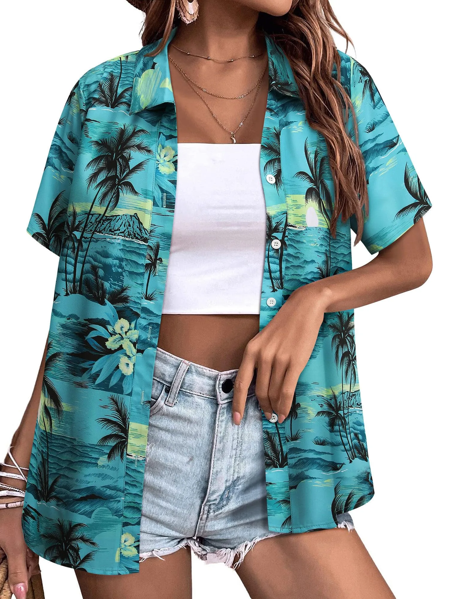Womens Button Down Hawaiian Shirts Short Sleeve Floral Print Summer V Neck T-Shirt Casual Summer Beach Blouses Tops