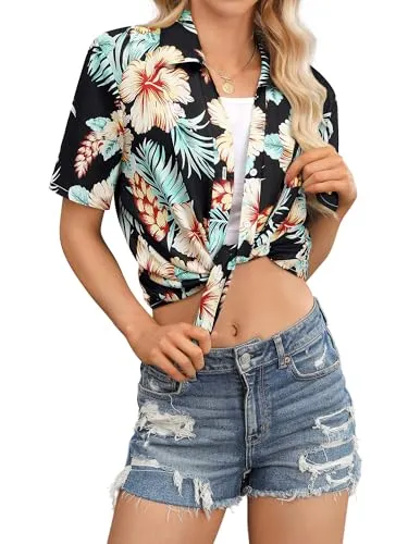 Womens Button Down Hawaiian Shirts Short Sleeve Floral Print Summer V Neck T-Shirt Casual Summer Beach Blouses Tops