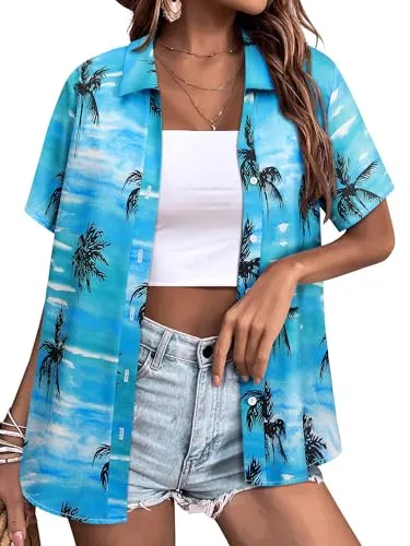 Womens Button Down Hawaiian Shirts Short Sleeve Floral Print Summer V Neck T-Shirt Casual Summer Beach Blouses Tops