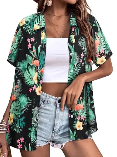Womens Button Down Hawaiian Shirts Short Sleeve Floral Print Summer V Neck T-Shirt Casual Summer Beach Blouses Tops