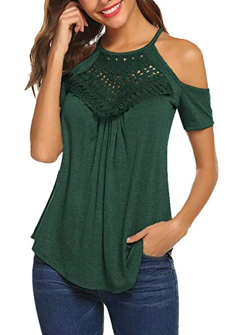 Women's Casual Short Sleeve Flowy Lace Cold Shoulder Summer Tops Blouses Basic Tee Shirt