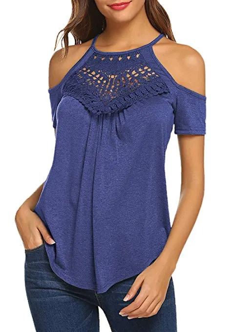 Women's Casual Short Sleeve Flowy Lace Cold Shoulder Summer Tops Blouses Basic Tee Shirt