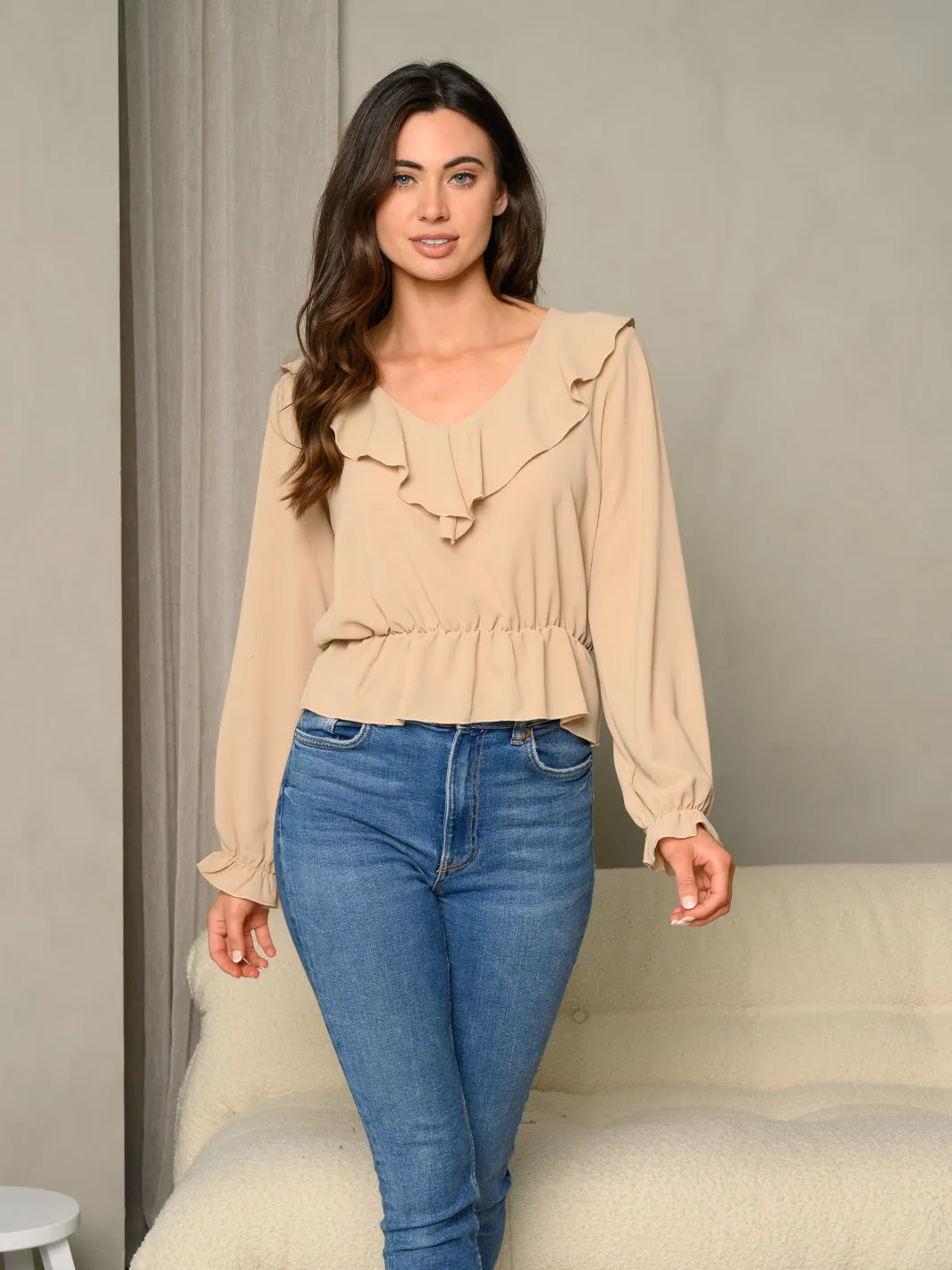 WOMEN'S FRILLED V-NECK RUFFLE FLARE WOVEN SOLID TOP