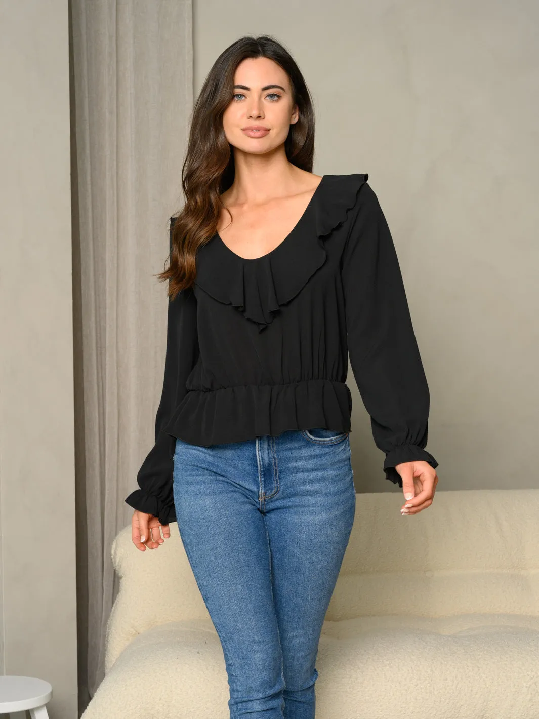 WOMEN'S FRILLED V-NECK RUFFLE FLARE WOVEN SOLID TOP