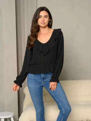 WOMEN'S FRILLED V-NECK RUFFLE FLARE WOVEN SOLID TOP
