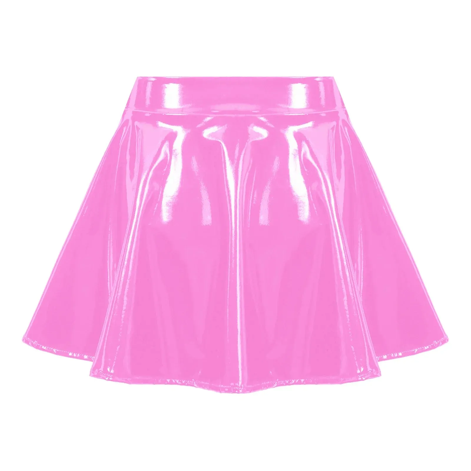Womens Glossy Patent Leather Flared Latex Miniskirt Invisible Zipper Extreme A-Line Mini Skirts Clubwear Cosplay Stage Costume