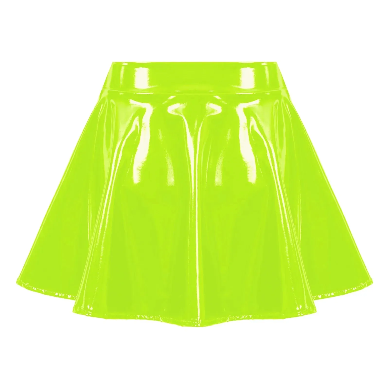 Womens Glossy Patent Leather Flared Latex Miniskirt Invisible Zipper Extreme A-Line Mini Skirts Clubwear Cosplay Stage Costume