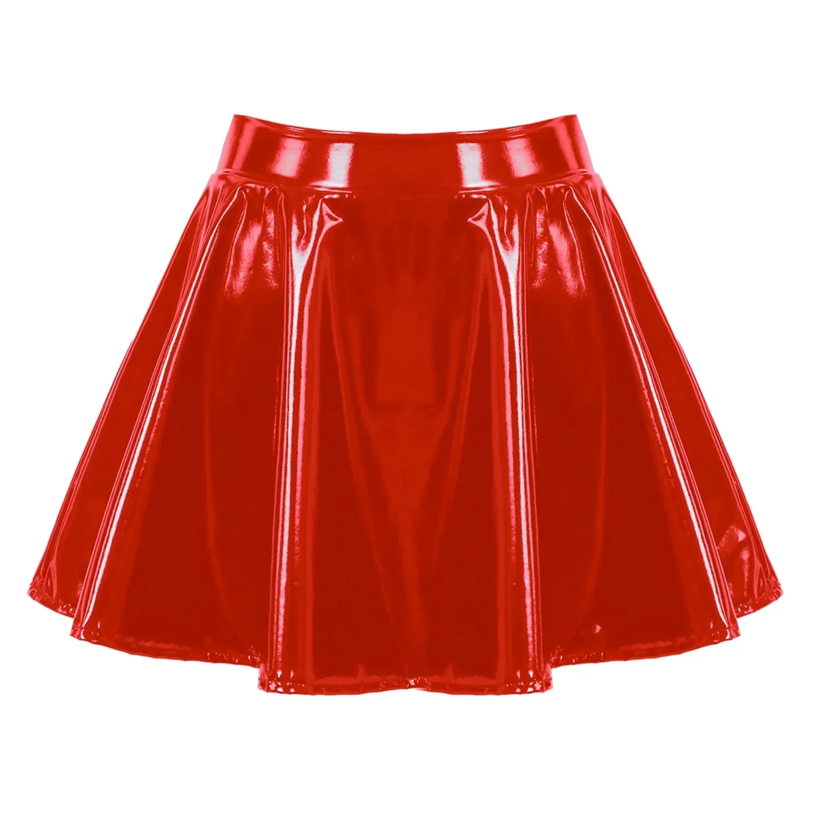 Womens Glossy Patent Leather Flared Latex Miniskirt Invisible Zipper Extreme A-Line Mini Skirts Clubwear Cosplay Stage Costume