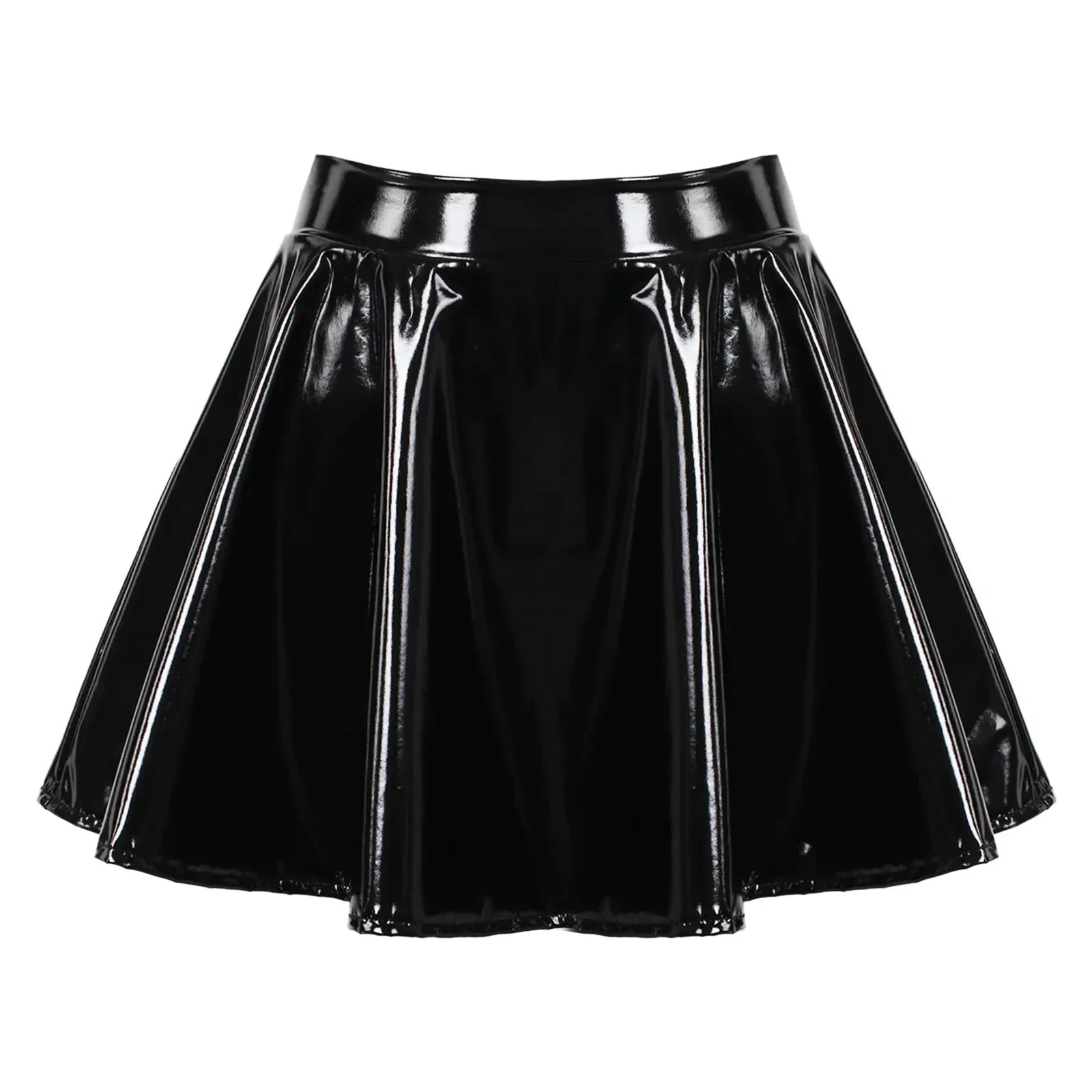 Womens Glossy Patent Leather Flared Latex Miniskirt Invisible Zipper Extreme A-Line Mini Skirts Clubwear Cosplay Stage Costume