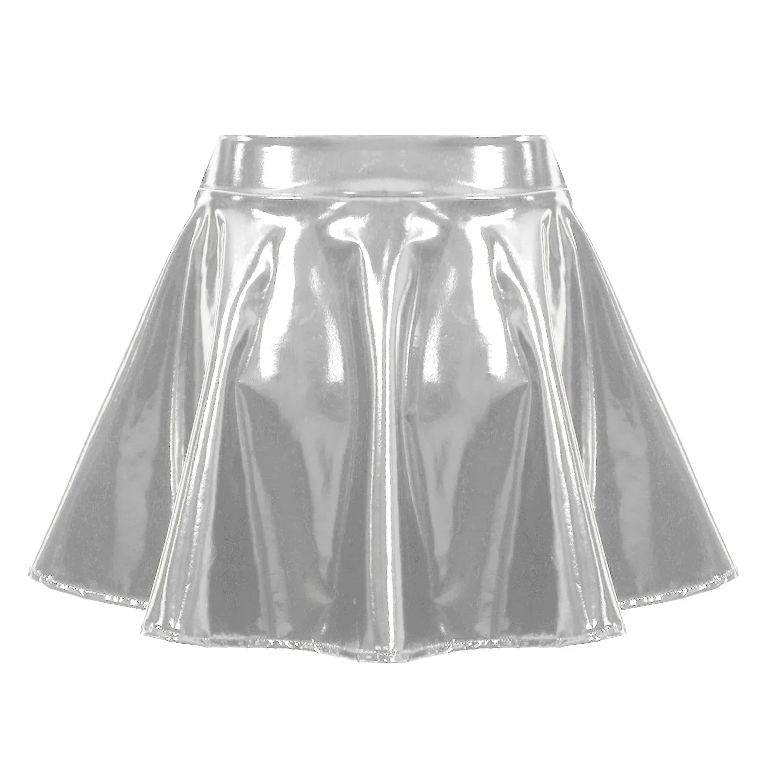 Womens Glossy Patent Leather Flared Latex Miniskirt Invisible Zipper Extreme A-Line Mini Skirts Clubwear Cosplay Stage Costume